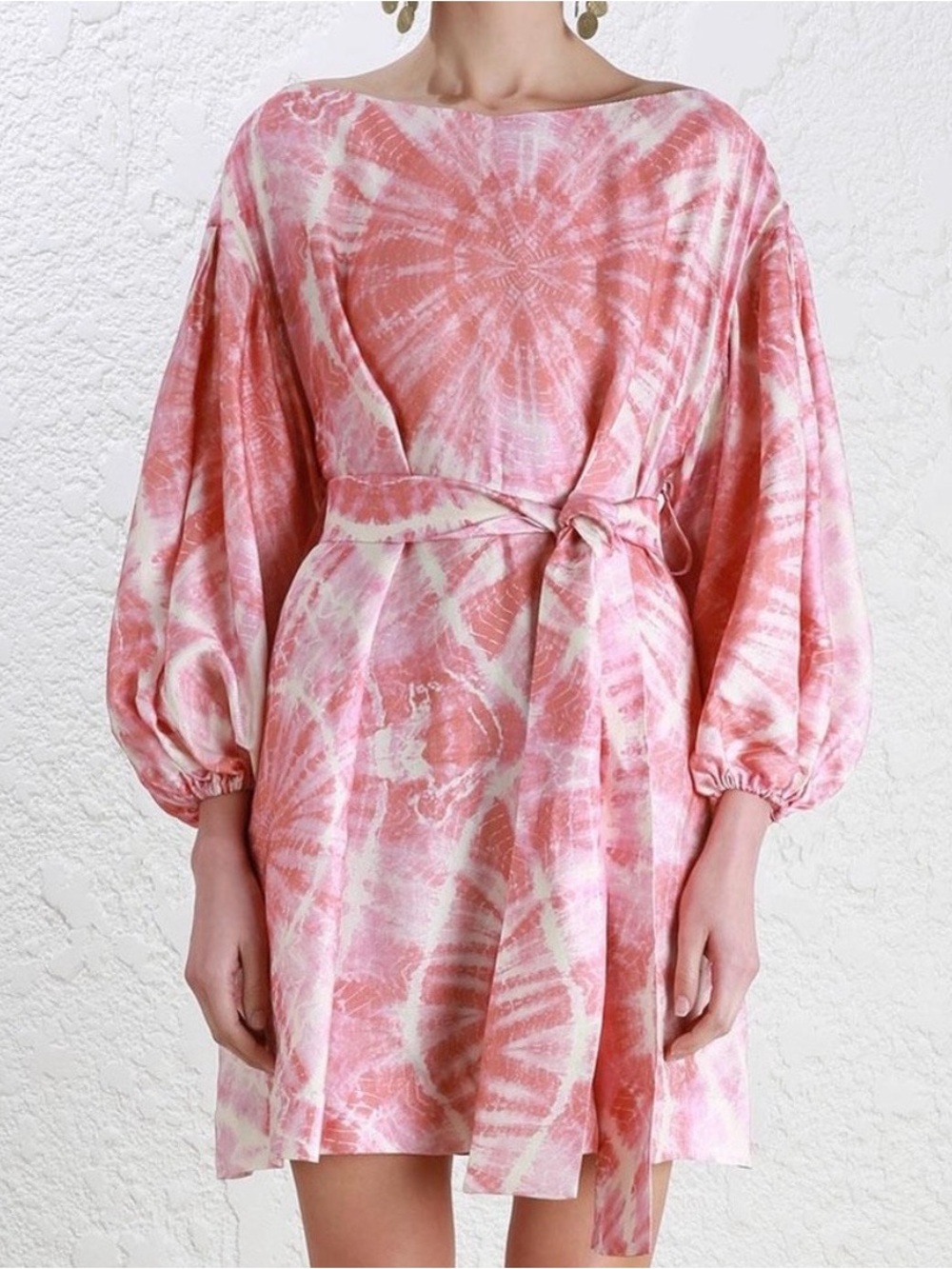 Zimmermann Pink Tie-Dye Balloon-Sleeve Mini Dress with Belt